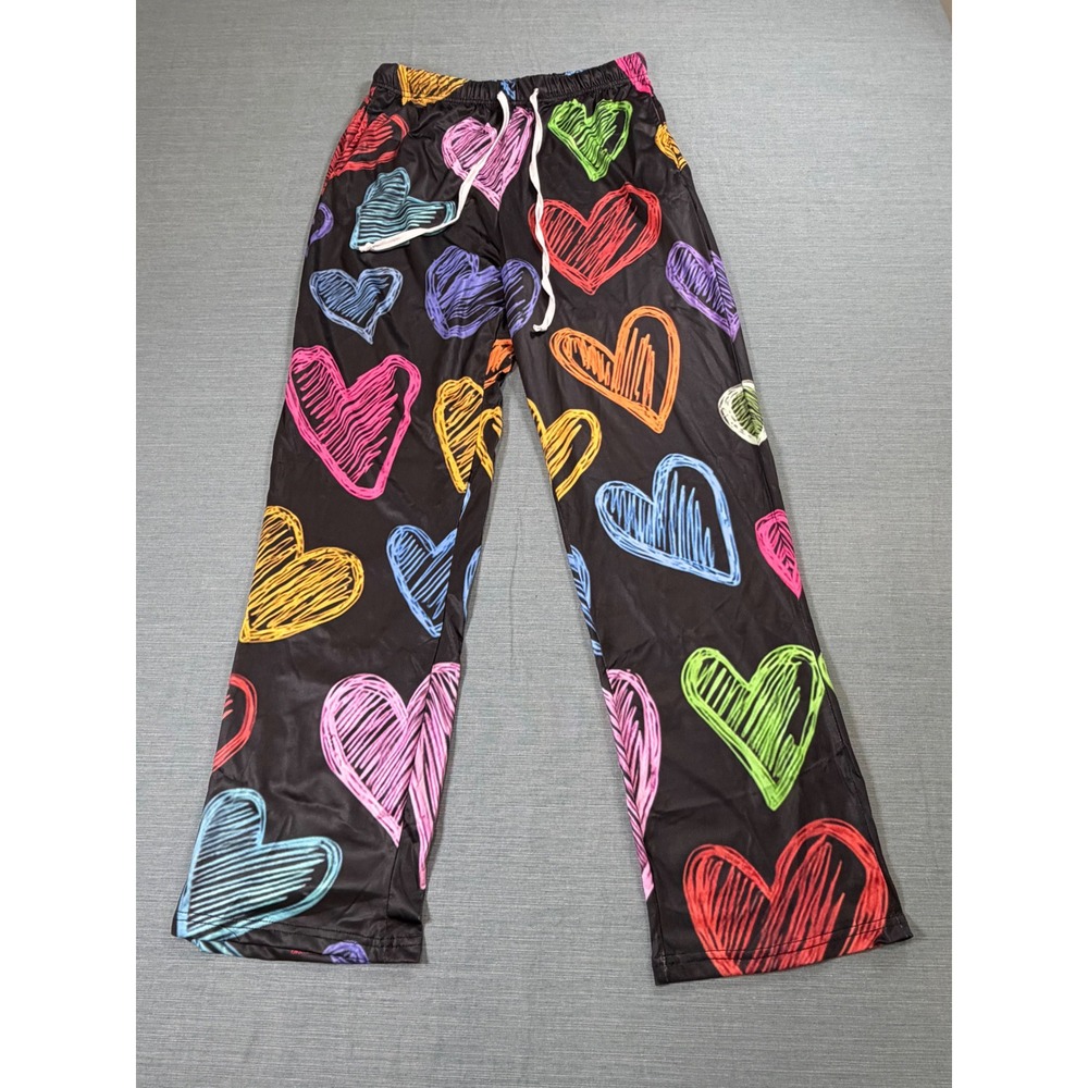 Neon Scribble Heart Print Lounge Pajama Pants Black XXL Wide Leg Drawstring